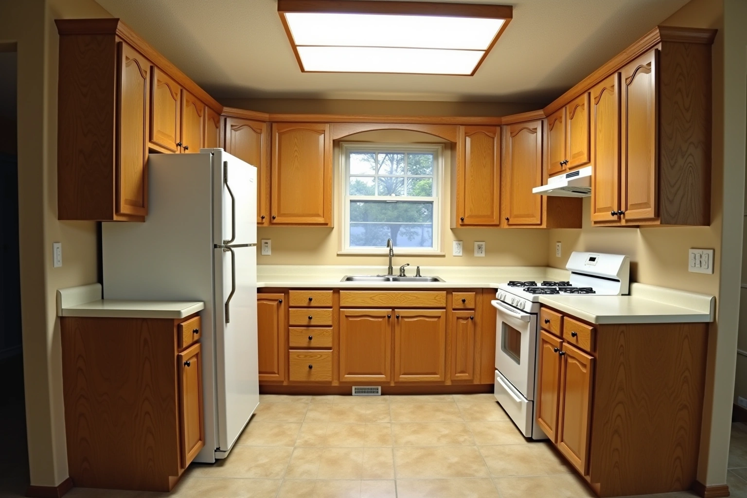 Dated U-shaped kitchen with honey oak arched raised-panel doors, cream laminate counters, white appliances and a fluorescent ceiling box.